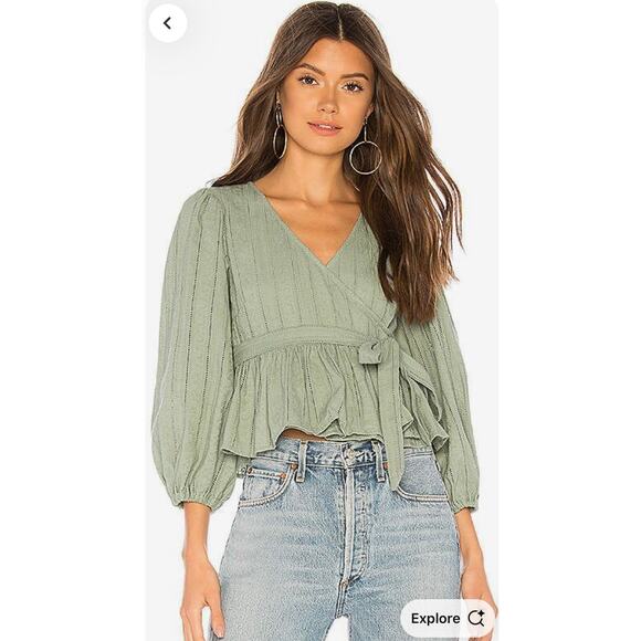 NWT Tularosa Candace Boho Sage Green wrap eyelet puff sleeves top blouse sz: S - Picture 1 of 13
